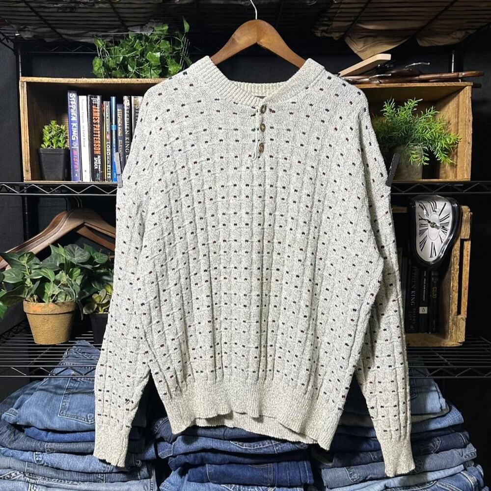Vintage 90s Geometric Grandpa Sweater Gray Henley Polka Dots Sweatshirt Large